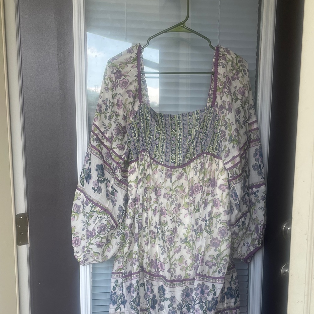 Floral Boho Peasant Dress in Lavender & Green